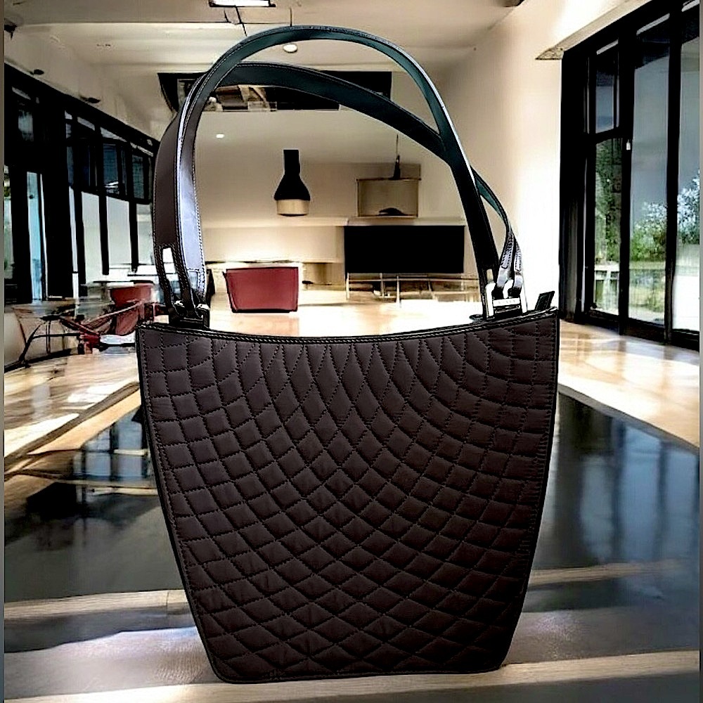BALLY Authentic Quilted Brown Fabric & Leather Trim Shoulder Bag